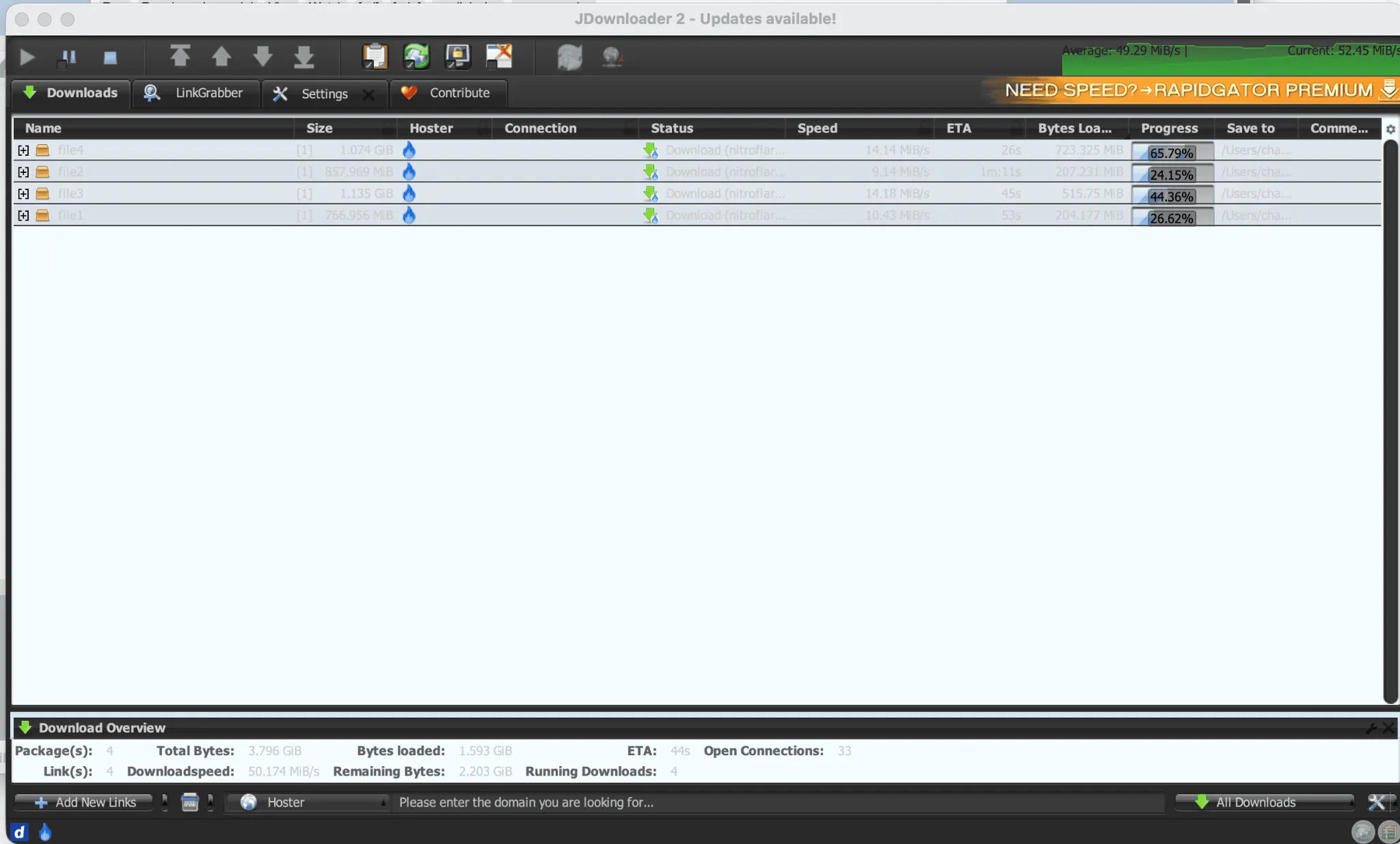 JDownloader 2 showing about 50.17 MiB/s total speed.