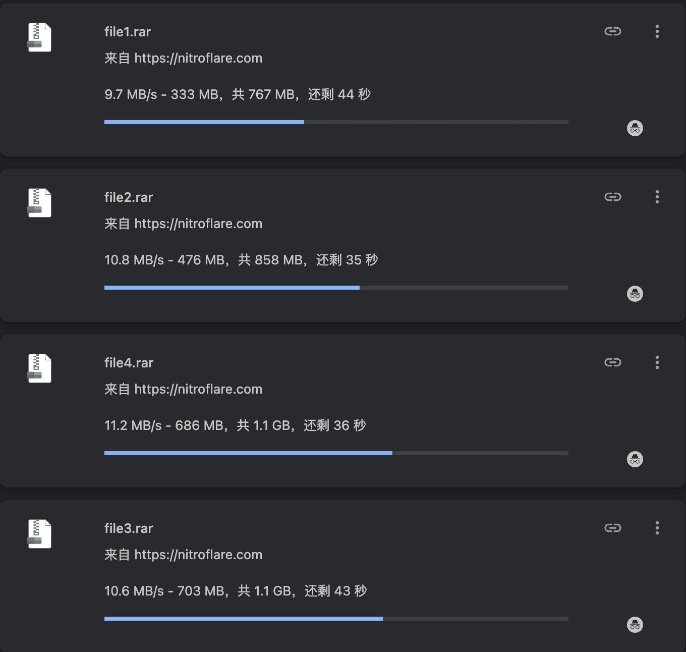 Four parallel Premium downloads at 9.7, 10.8, 11.2 and 10.6 MB/s.